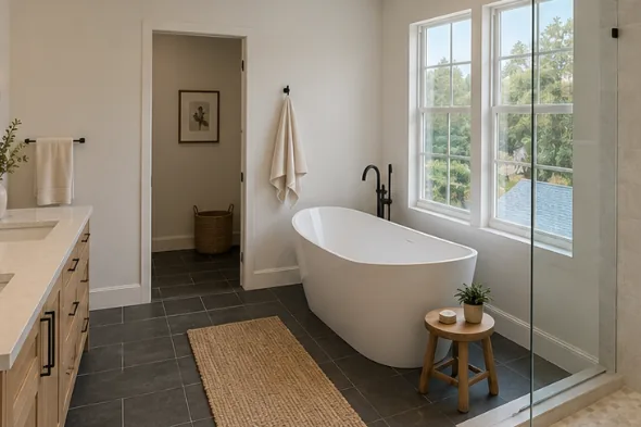 After: the same room with a freestanding tub, walk-in shower and double vanity