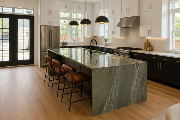 After: the same kitchen finished with an island, cabinetry and wood flooring