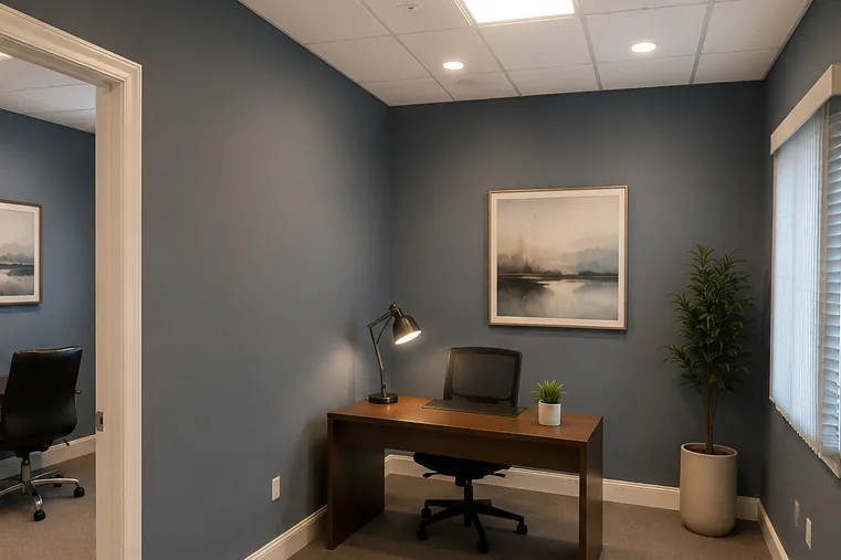 After: the same office finished, painted and fitted out